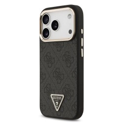 Husa Guess PU Leather 4G Strass Triangle Logo Gold Frame MagSafe pentru iPhone 17 Pro, Neagra