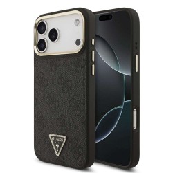 Husa Guess PU Leather 4G Strass Triangle Logo Gold Frame MagSafe pentru iPhone 17 Pro Max, Neagra