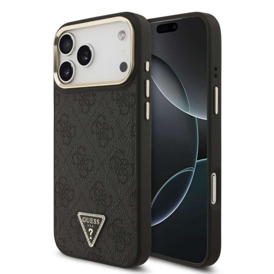 Husa Guess PU Leather 4G Strass Triangle Logo Gold Frame MagSafe pentru iPhone 17 Pro Max, Neagra (Bakr, GUHMP17XP4GTDGMK) by www.silkase.ro