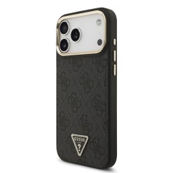 Husa Guess PU Leather 4G Strass Triangle Logo Gold Frame MagSafe pentru iPhone 17 Pro Max, Neagra