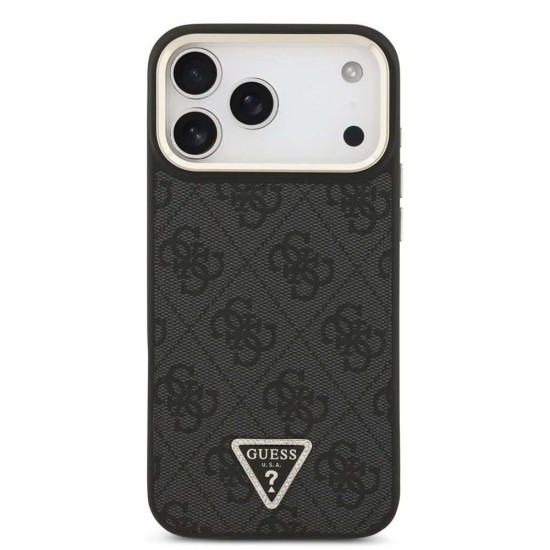 Husa Guess PU Leather 4G Strass Triangle Logo Gold Frame MagSafe pentru iPhone 17 Pro Max, Neagra (Bakr, GUHMP17XP4GTDGMK) by www.silkase.ro