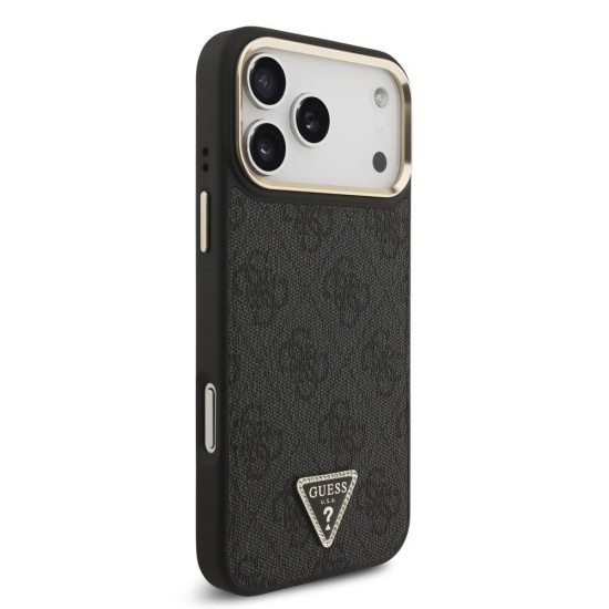 Husa Guess PU Leather 4G Strass Triangle Logo Gold Frame MagSafe pentru iPhone 17 Pro Max, Neagra (Bakr, GUHMP17XP4GTDGMK) by www.silkase.ro
