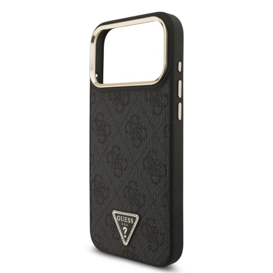 Husa Guess PU Leather 4G Strass Triangle Logo Gold Frame MagSafe pentru iPhone 17 Pro Max, Neagra (Bakr, GUHMP17XP4GTDGMK) by www.silkase.ro
