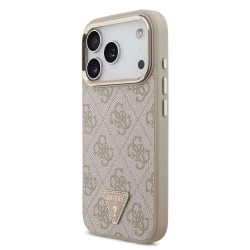 Husa Guess PU Leather 4G Strass Triangle Logo Gold Frame MagSafe pentru iPhone 17 Pro, Roz