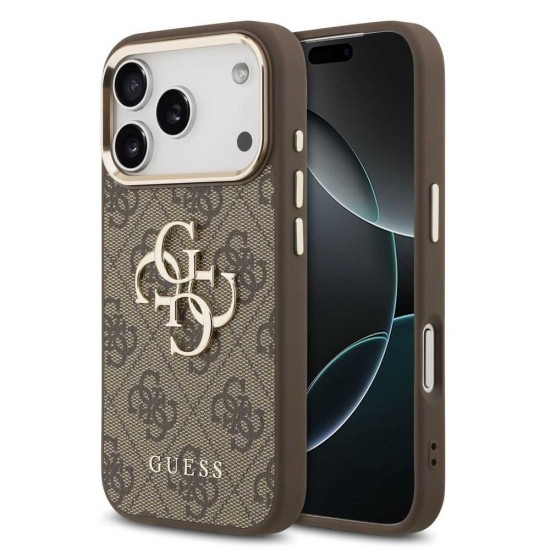 Husa Guess PU Leather 4G Metal Logo Gold Frame pentru iPhone 17 Pro, Maro (Bakr, GUHCP17L4GMGCBR) by www.silkase.ro