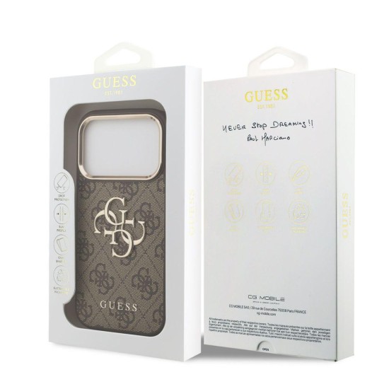 Husa Guess PU Leather 4G Metal Logo Gold Frame pentru iPhone 17 Pro, Maro (Bakr, GUHCP17L4GMGCBR) by www.silkase.ro