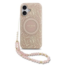 Husa Guess IML Flowers Allover Strap MagSafe pentru iPhone 17, Roz