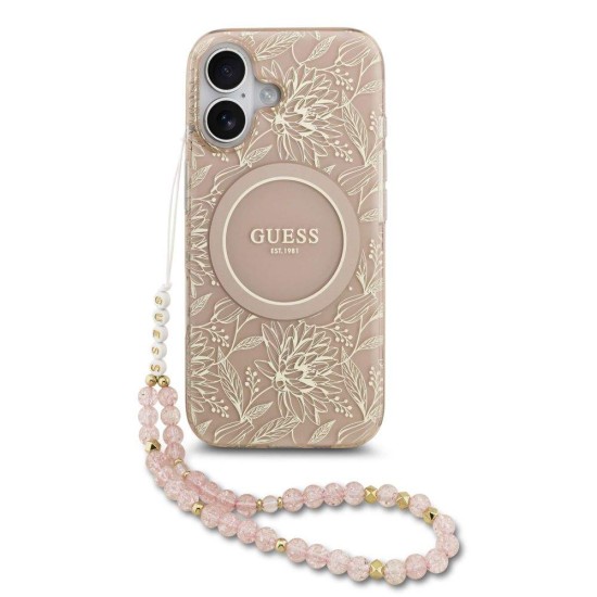 Husa Guess IML Flowers Allover Strap MagSafe pentru iPhone 17, Roz (Bakr, GUHMP17SHCPOFPP) by www.silkase.ro