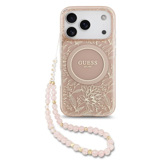 Husa Guess IML Flowers Allover Strap MagSafe pentru iPhone 17 Pro, Roz (Bakr, GUHMP17LHCPOFPP) by www.silkase.ro