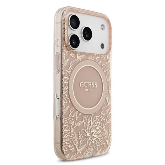 Husa Guess IML Flowers Allover Strap MagSafe pentru iPhone 17 Pro, Roz (Bakr, GUHMP17LHCPOFPP) by www.silkase.ro