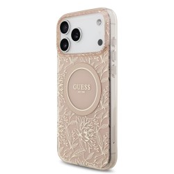 Husa Guess IML Flowers Allover Strap MagSafe pentru iPhone 17 Pro Max/18 Pro Max, Roz