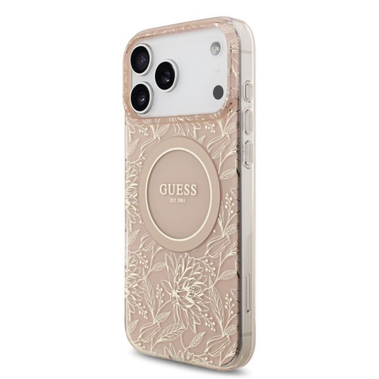 Husa Guess IML Flowers Allover Strap MagSafe pentru iPhone 17 Pro Max, Roz (Bakr, GUHMP17XHCPOFPP) by www.silkase.ro