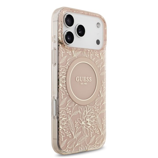 Husa Guess IML Flowers Allover Strap MagSafe pentru iPhone 17 Pro Max, Roz (Bakr, GUHMP17XHCPOFPP) by www.silkase.ro