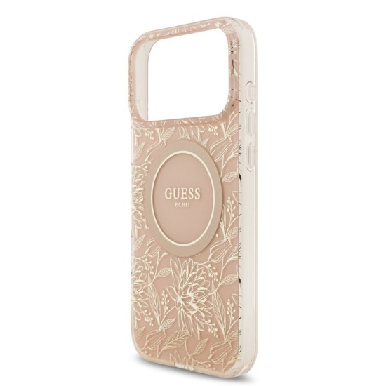 Husa Guess IML Flowers Allover Strap MagSafe pentru iPhone 17 Pro Max, Roz (Bakr, GUHMP17XHCPOFPP) by www.silkase.ro