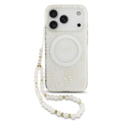 Husa Guess IML Flowers Allover Strap MagSafe pentru iPhone 17 Pro, Alba