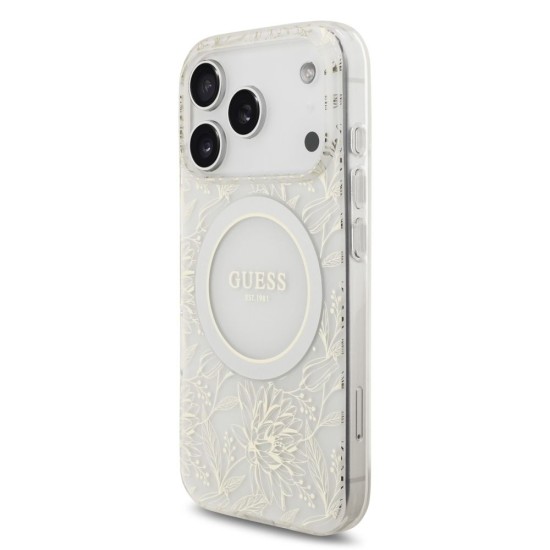 Husa Guess IML Flowers Allover Strap MagSafe pentru iPhone 17 Pro, Alba (Bakr, GUHMP17LHCPOFPH) by www.silkase.ro