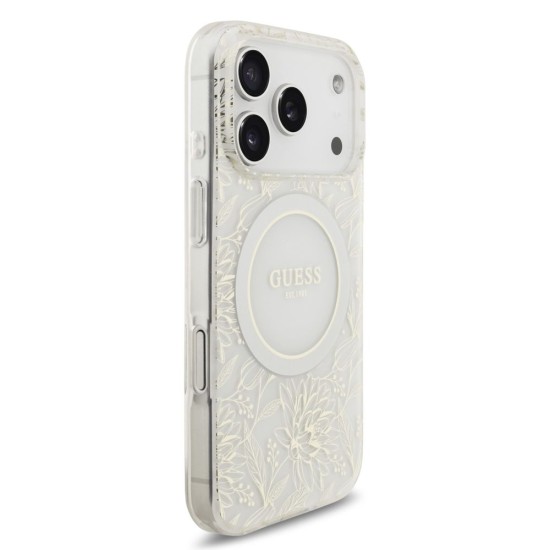 Husa Guess IML Flowers Allover Strap MagSafe pentru iPhone 17 Pro, Alba (Bakr, GUHMP17LHCPOFPH) by www.silkase.ro