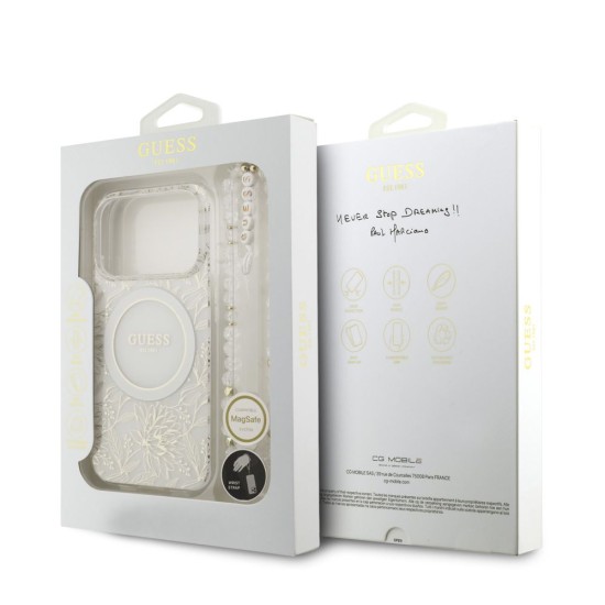 Husa Guess IML Flowers Allover Strap MagSafe pentru iPhone 17 Pro, Alba (Bakr, GUHMP17LHCPOFPH) by www.silkase.ro