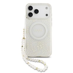 Husa Guess IML Flowers Allover Strap MagSafe pentru iPhone 17 Pro Max/18 Pro Max, Alba