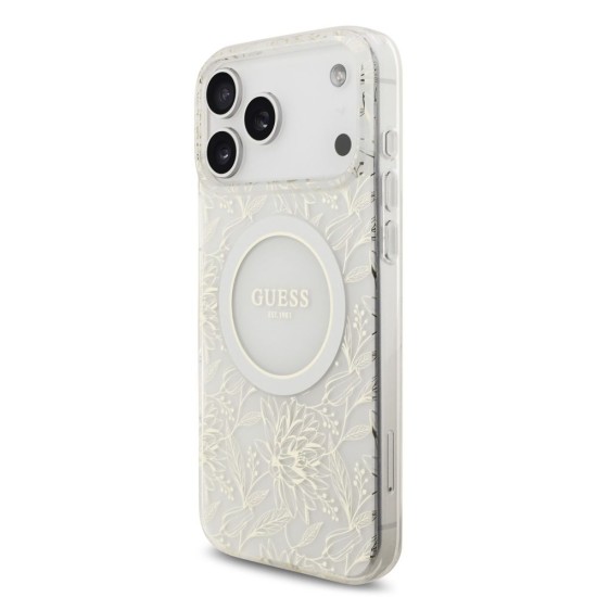 Husa Guess IML Flowers Allover Strap MagSafe pentru iPhone 17 Pro Max, Alba Husa Guess IML Flowers Allover Strap MagSafe pentru iPhone 17 Pro Max, Alba (Bakr, GUHMP17XHCPOFPH) by www.silkase.ro