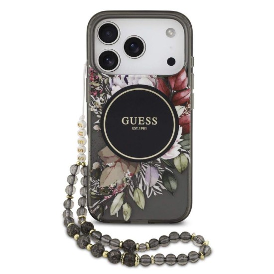 Husa Guess IML Flowers Strap MagSafe pentru iPhone 17 Pro, Neagra (Bakr, GUHMP17LHFWBRCESK) by www.silkase.ro