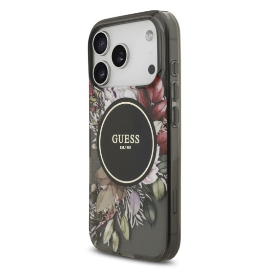 Husa Guess IML Flowers Strap MagSafe pentru iPhone 17 Pro, Neagra (Bakr, GUHMP17LHFWBRCESK) by www.silkase.ro