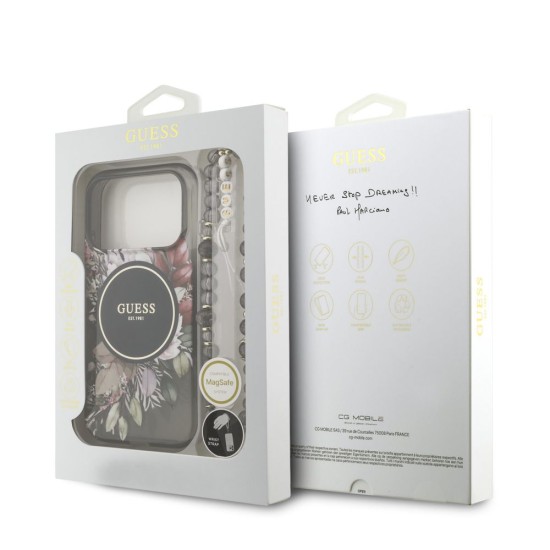 Husa Guess IML Flowers Strap MagSafe pentru iPhone 17 Pro, Neagra (Bakr, GUHMP17LHFWBRCESK) by www.silkase.ro