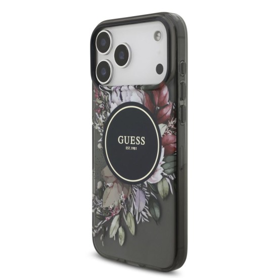 Husa Guess IML Flowers Strap MagSafe pentru iPhone 17 Pro Max, Neagra (Bakr, GUHMP17XHFWBRCESK) by www.silkase.ro
