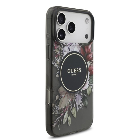 Husa Guess IML Flowers Strap MagSafe pentru iPhone 17 Pro Max, Neagra (Bakr, GUHMP17XHFWBRCESK) by www.silkase.ro