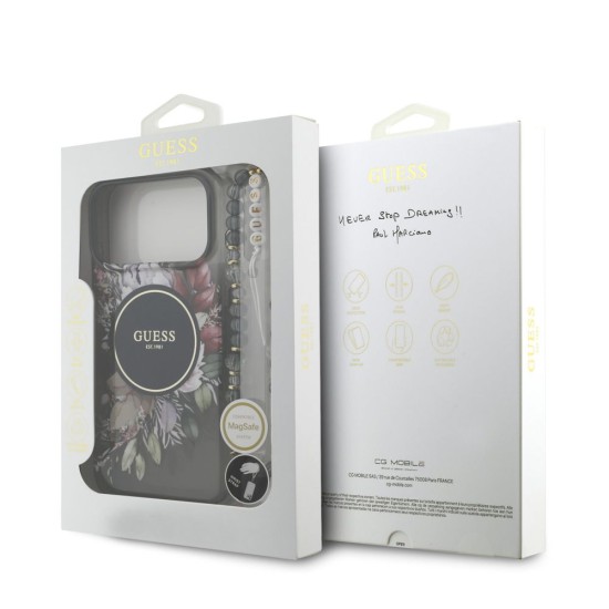 Husa Guess IML Flowers Strap MagSafe pentru iPhone 17 Pro Max, Neagra (Bakr, GUHMP17XHFWBRCESK) by www.silkase.ro