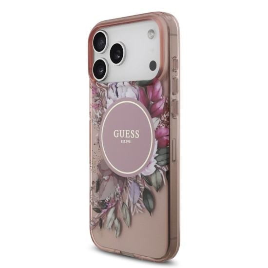 Husa Guess IML Flowers Strap MagSafe pentru iPhone 17 Pro Max, Roz (Bakr, GUHMP17XHFWBRCESP) by www.silkase.ro