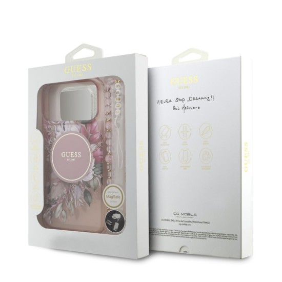 Husa Guess IML Flowers Strap MagSafe pentru iPhone 17 Pro Max, Roz (Bakr, GUHMP17XHFWBRCESP) by www.silkase.ro