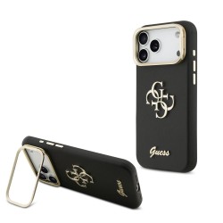 Husa Guess PU Grained 4G Logo Stand Camera Frame pentru iPhone 17 Pro Max, Neagra