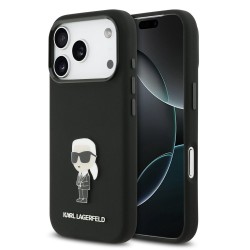 Husa Karl Lagerfeld Liquid Silicone Metal Ikonik pentru iPhone 17 Pro, Neagra