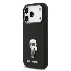 Husa Karl Lagerfeld Liquid Silicone Metal Ikonik pentru iPhone 17 Pro, Neagra Husa Karl Lagerfeld Liquid Silicone Metal Ikonik pentru iPhone 17 Pro, Neagra