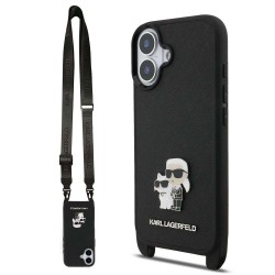 Husa Crossbody Karl Lagerfeld Saffiano Metal Karl and Choupette pentru iPhone 17, Neagra