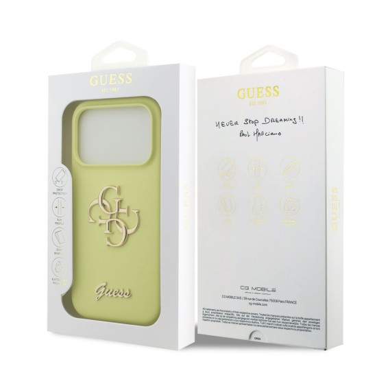 Husa Guess Liquid Silicone 4G Metal Logo pentru iPhone 17 Pro, Galbena Husa Guess Liquid Silicone 4G Metal Logo pentru iPhone 17 Pro, Galbena (Bakr, GUHCP17LSC4GLMY) by www.silkase.ro