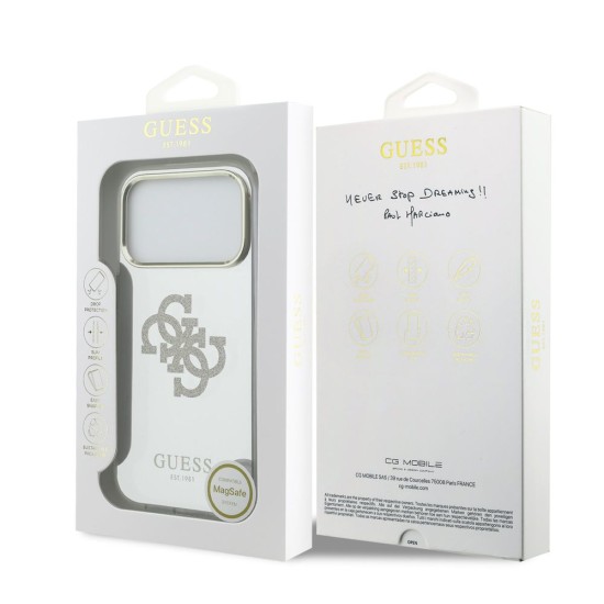 Husa Guess Mirror 4G Glitter Logo MagSafe pentru iPhone 17 Pro Max, Aurie (Bakr, GUHMP17XHMR4GDG) by www.silkase.ro