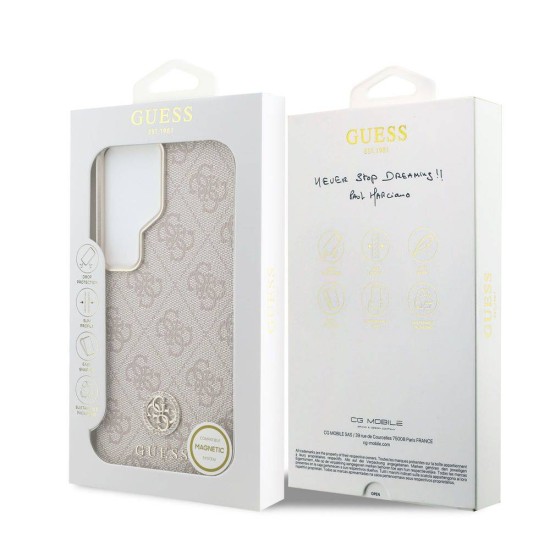 Husă Magnetică Guess Piele Eco 4G Strass Logo Gold Frame pentru Samsung Galaxy S26 Ultra Roz (S26 Ultra, GUHMS26LP4GRMDEP) by www.silkase.ro