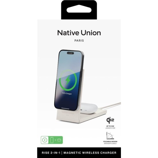 Statie de incarcare 2 in 1 Native Union Rise, Compatibila MagSafe, Putere 15W, Cablu USB-C 2m inclus, Gri (Incarcatoare, RS-2IN1-SAN) by www.silkase.ro
