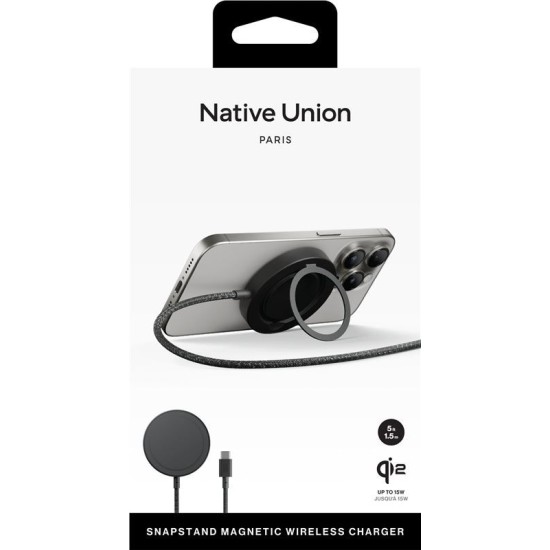 Incarcator Wireless Native Union Snapstand Qi2, Compatibil MagSafe, Putere 15W, Cablu USB-C integrat, Negru (Incarcatoare, SNST-QI2-BLK) by www.silkase.ro