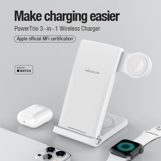 Încărcător Wireless Nillkin PowerTrio 3în1 pentru Apple Watch (Certificat MFI), Alb (Bakr, 57983112093) by www.silkase.ro
