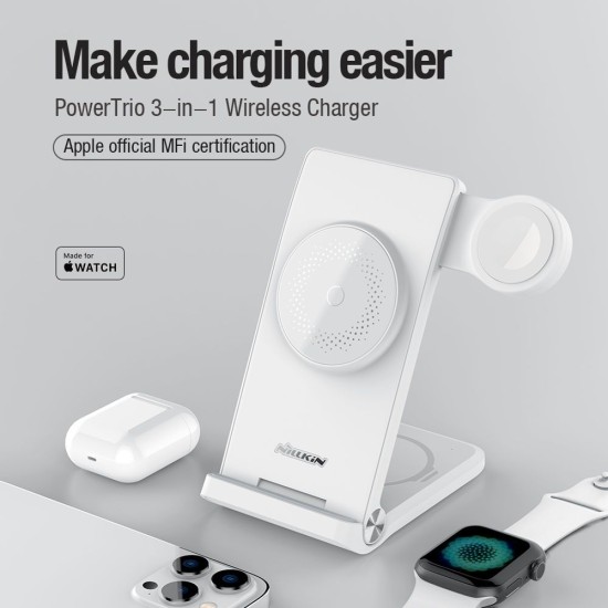 Încărcător Wireless Nillkin PowerTrio 3în1 (MagSafe) pentru Apple Watch (Certificat MFI), Alb (Bakr, 57983112830) by www.silkase.ro