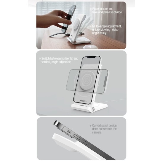 Încărcător Wireless Nillkin PowerTrio 3în1 (MagSafe) pentru Apple Watch (Certificat MFI), Alb (Bakr, 57983112830) by www.silkase.ro