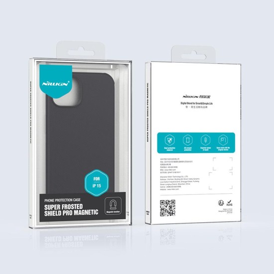 Husa Nillkin Super Frosted PRO Magnetică (MagSafe) pentru Apple iPhone 15, Neagra (Bakr, 57983117009) by www.silkase.ro