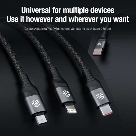 Cablu de Date Nillkin Swift Pro 3-în-1 (microUSB, Lightning, USB-C), 1.5m, Negru Cablu de Date Nillkin Swift Pro 3-în-1 (microUSB, Lightning, USB-C), 1.5m, Negru (Bakr, 57983119368) by www.silkase.ro