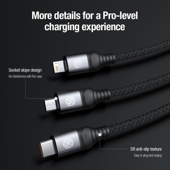 Cablu de Date Nillkin Swift Pro 3-în-1 (microUSB, Lightning, USB-C), 1.5m, Negru Cablu de Date Nillkin Swift Pro 3-în-1 (microUSB, Lightning, USB-C), 1.5m, Negru (Bakr, 57983119368) by www.silkase.ro