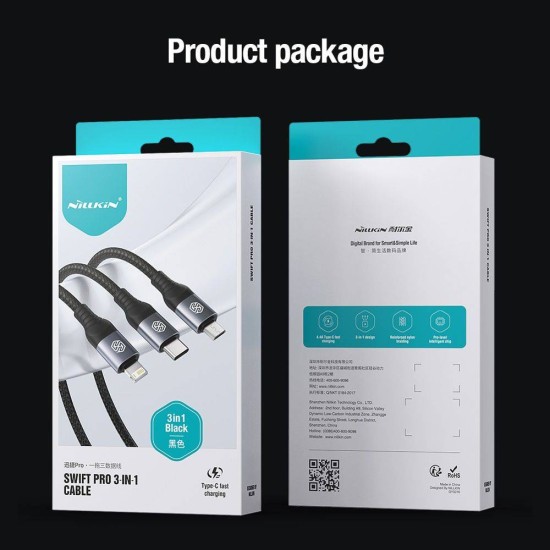 Cablu de Date Nillkin Swift Pro 3-în-1 (microUSB, Lightning, USB-C), 1.5m, Negru Cablu de Date Nillkin Swift Pro 3-în-1 (microUSB, Lightning, USB-C), 1.5m, Negru (Bakr, 57983119368) by www.silkase.ro