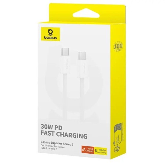 Cablu de Date și Încărcare Rapidă Baseus Superior Series 2, USB-C la USB-C, 30W, 1m, Moon White (Cabluri Telefon, P10365200211-00) by www.silkase.ro