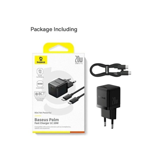 Încărcător rapid Baseus Palm USB-C 20W + Cablu de date USB-C/USB-C 1m Negru (Bakr, P10111602113-01) by www.silkase.ro